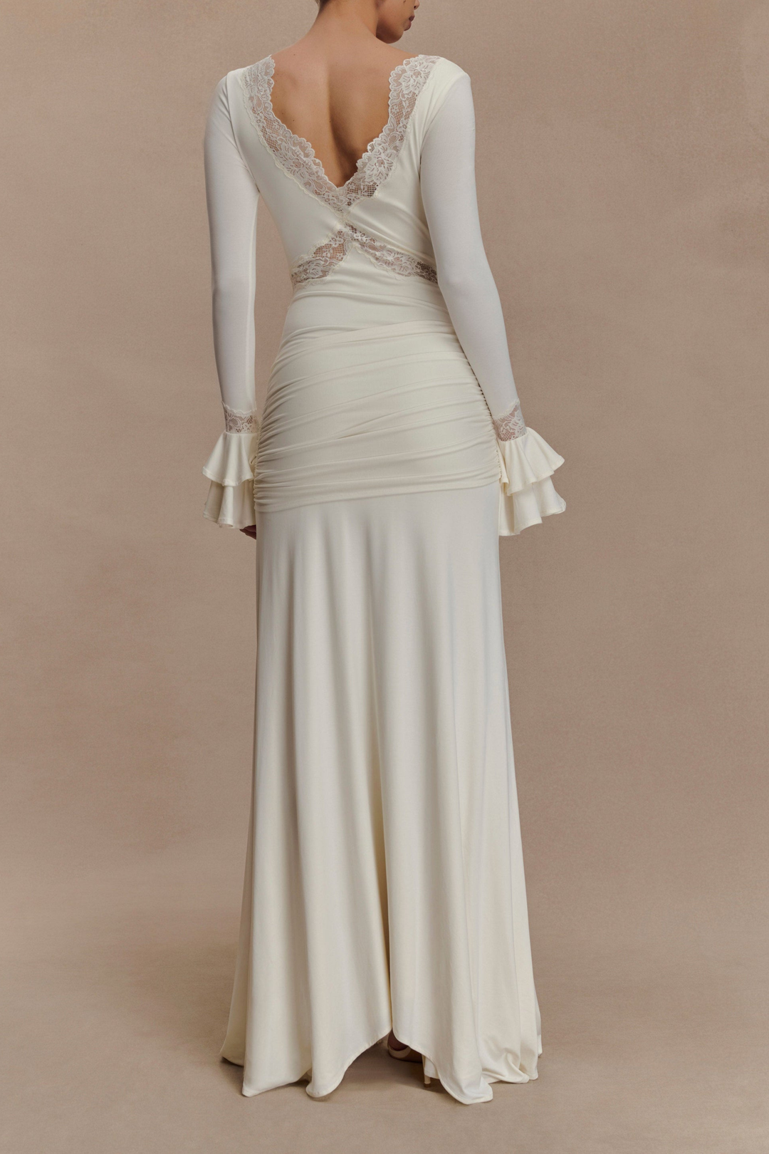 Ivory Draped Lace Trim Long Sleeve Maxi Dress