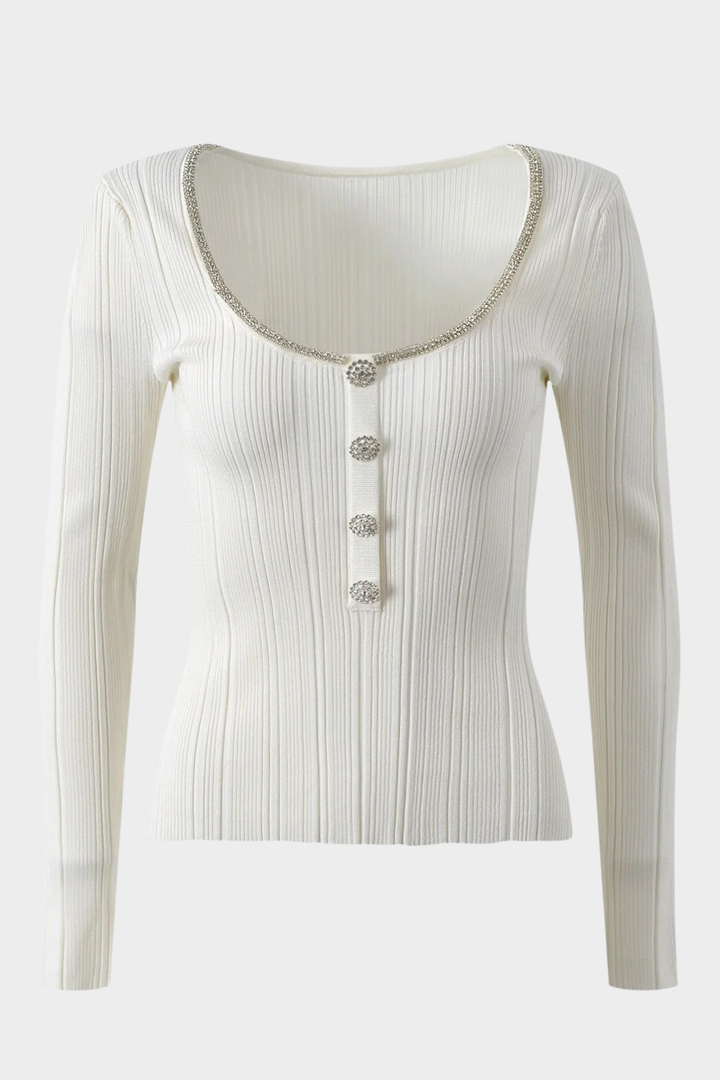 Crystal Trim U-Neck Ribbed Wool Top