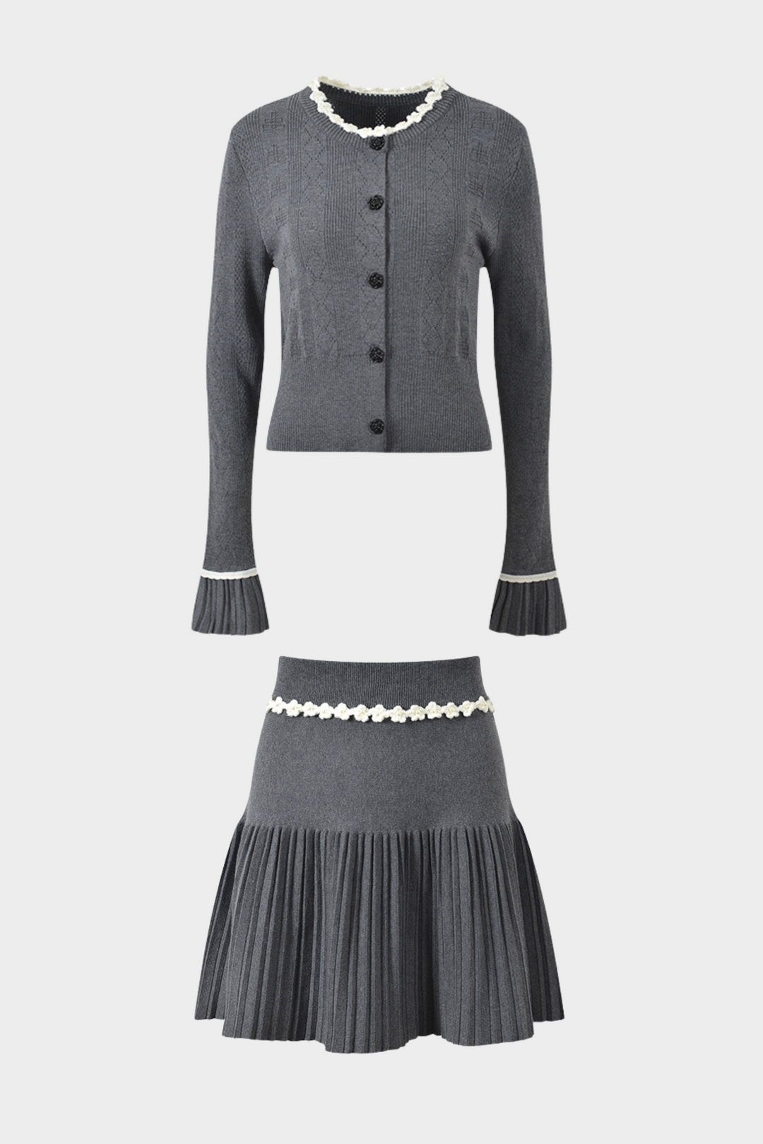 Grey Pleated Mini Skirt with Pearl Flower Waistline
