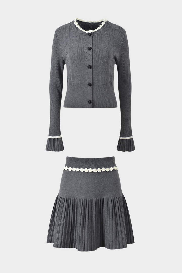 Grey Pleated Mini Skirt with Pearl Flower Waistline