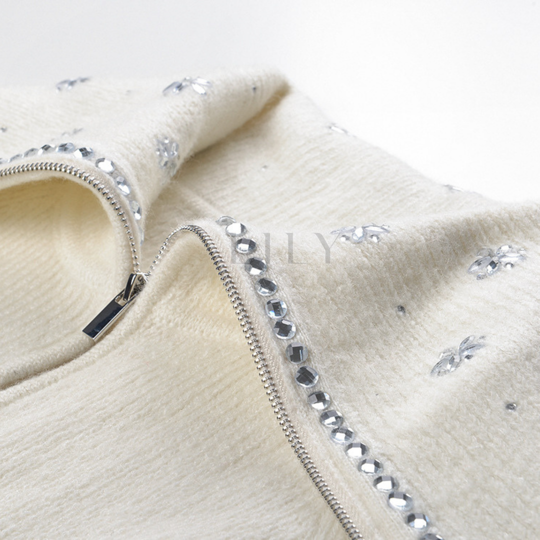 Crystal Bloom Collar Wool Cardigan Jacket Top