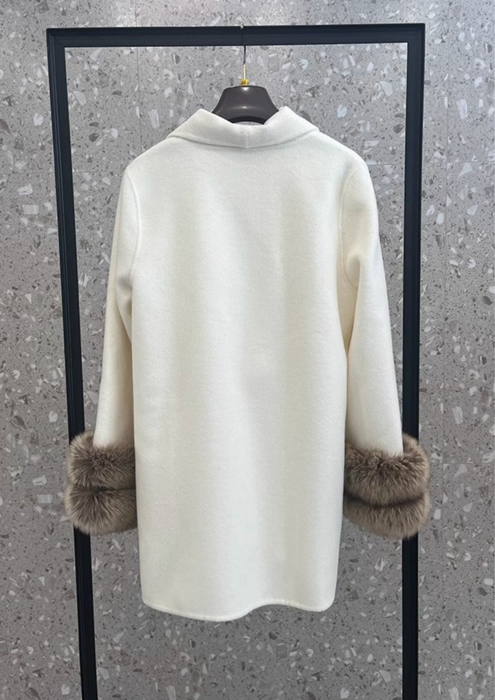 Mid-Length Real Fox Fur Cuffs Wool Coat