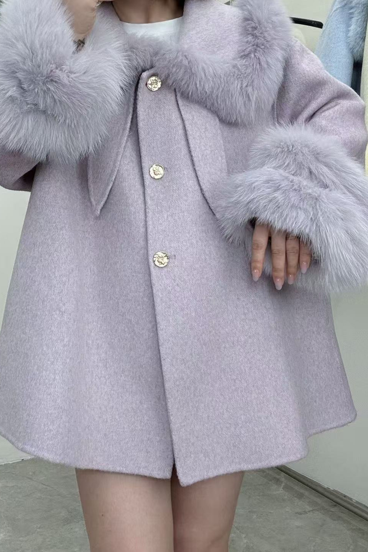 Pastel Plush Fur Collar Cuff Swing Wool Coat