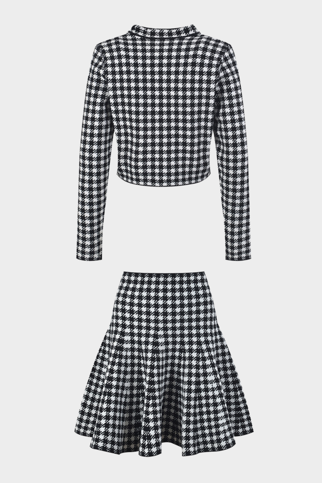 Chic Knit Houndstooth Long Sleeve Mini Skirt Set