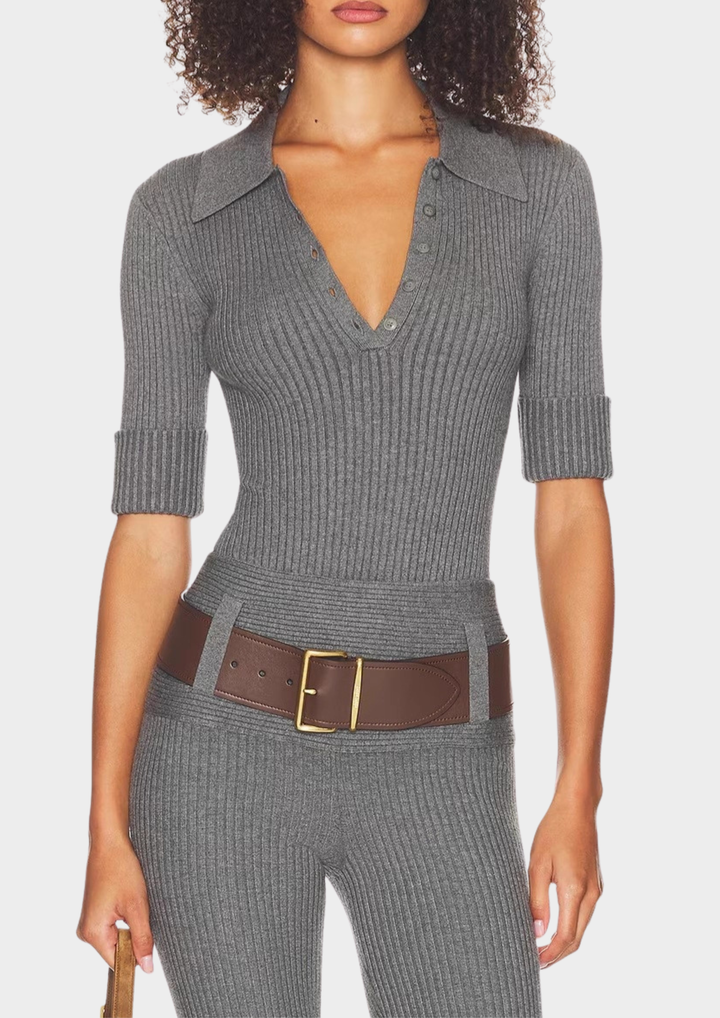 Eliana Wool Ribbed Knit Bodysuit & Legging Adjustable Belt  Set