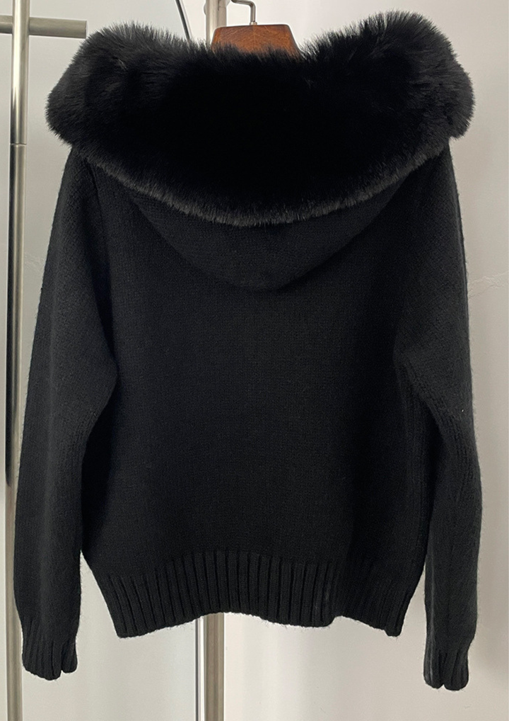 Fox Fur Collar Soft Wool Hooded Cardigan Top