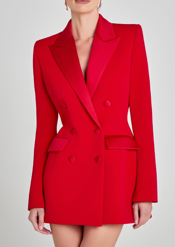 Scarlet Silk Lapelled Satin Blazer Dress