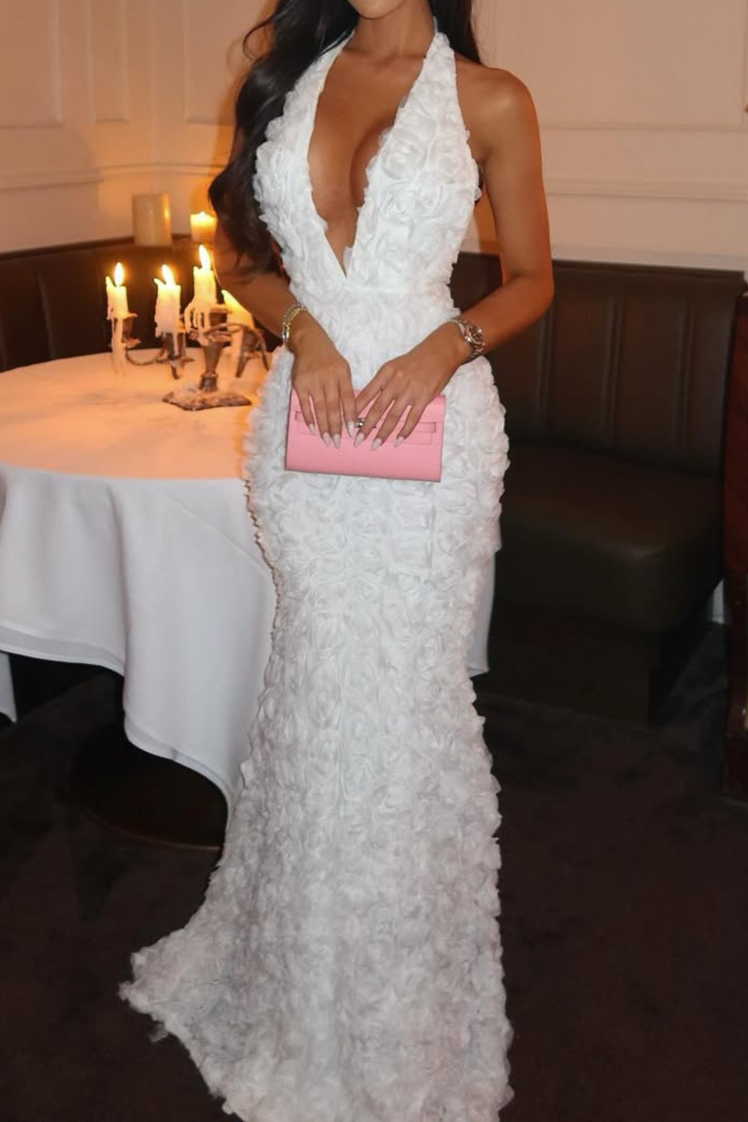 Vienna White Rose Floral Backless Fishtail Maxi Dress