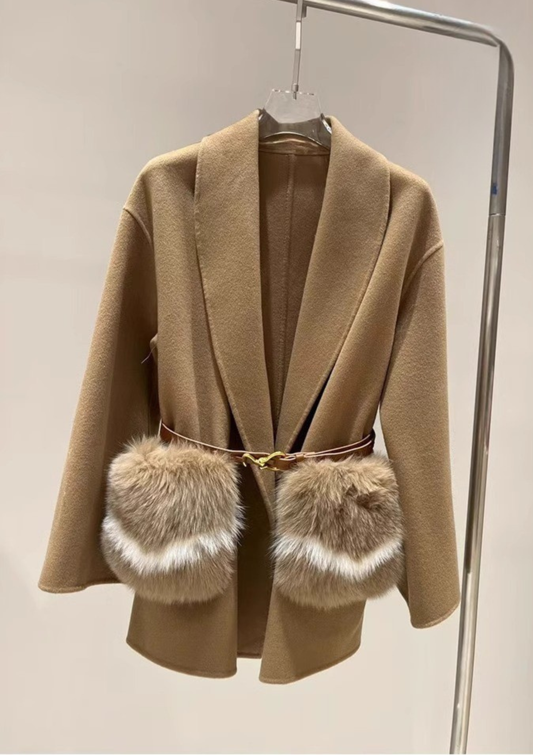 Soft Wool Textured Faux Fur Pocket Coat