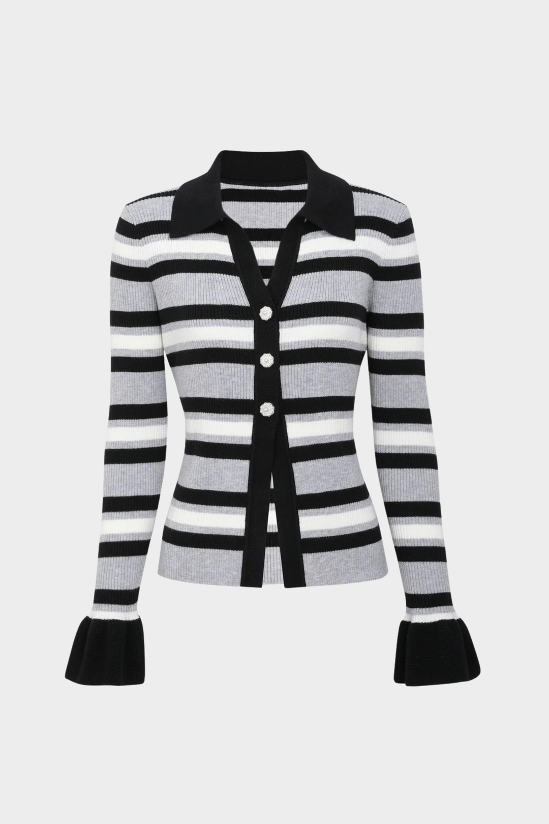 Flared Cuff Striped Knit Pearl Buttoned  Top