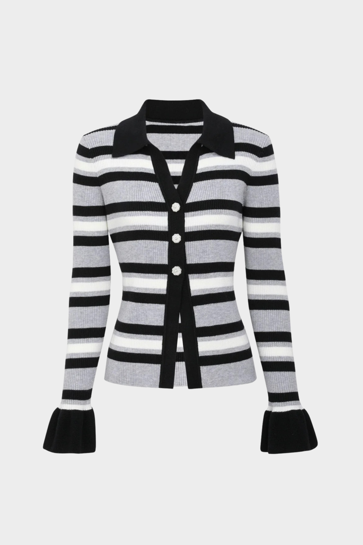 Flared Cuff Striped Knit Pearl Buttoned  Top