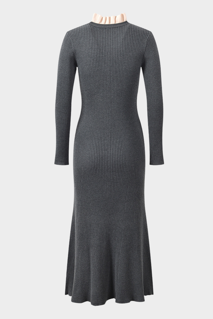 Ruffle Ribbed High Neck Soft Wool Maxi Dress