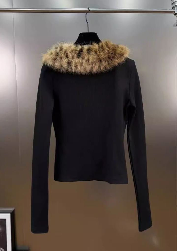 Plush Leopard Fur V Neck Knit Cardigan Top