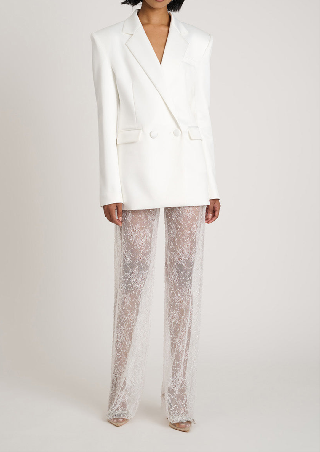 Tailored Blazer Sheer Lace Wide Leg Trouser Set