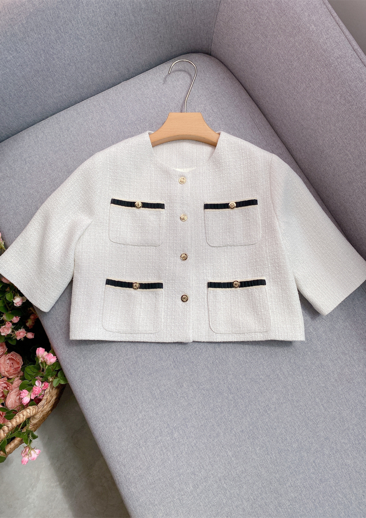 Luna White Tweed Short Sleeve Top