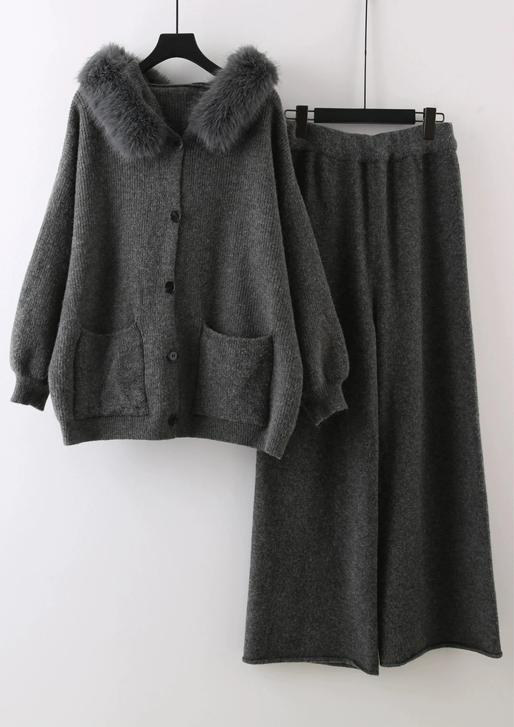 Comfy Gia Fur Collar Wide Leg Hooded Knit Set