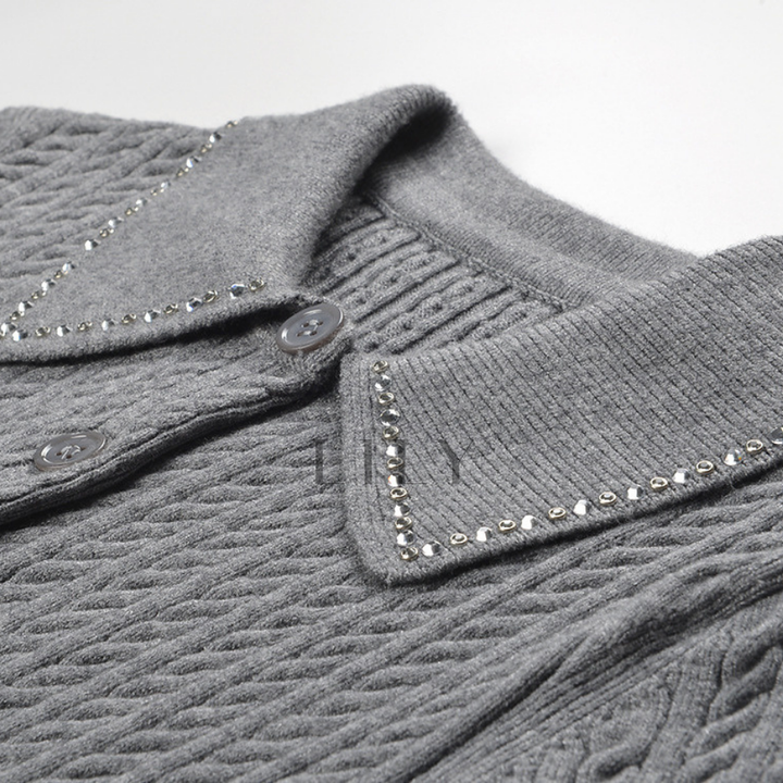 Maryln Rhinestone Lapel Ribbed Knit Cardigan Top