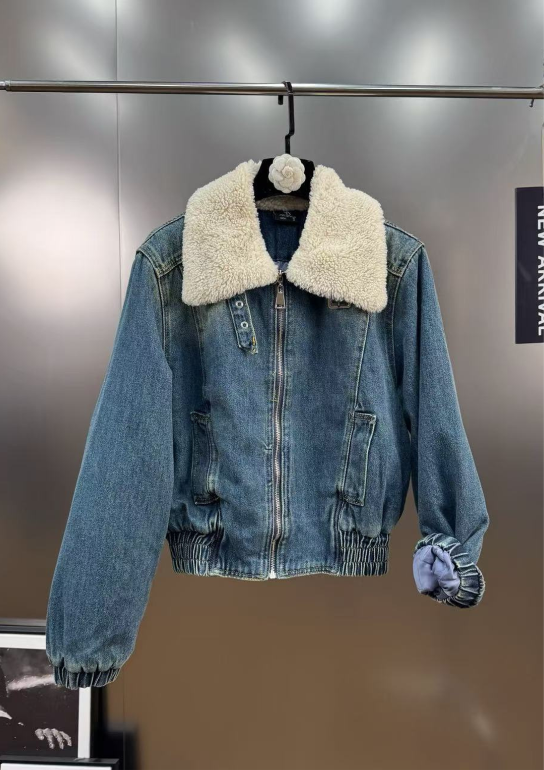 Jolie Denim Fur Collar Jacket  Fleece Lined Straight Jeans Set