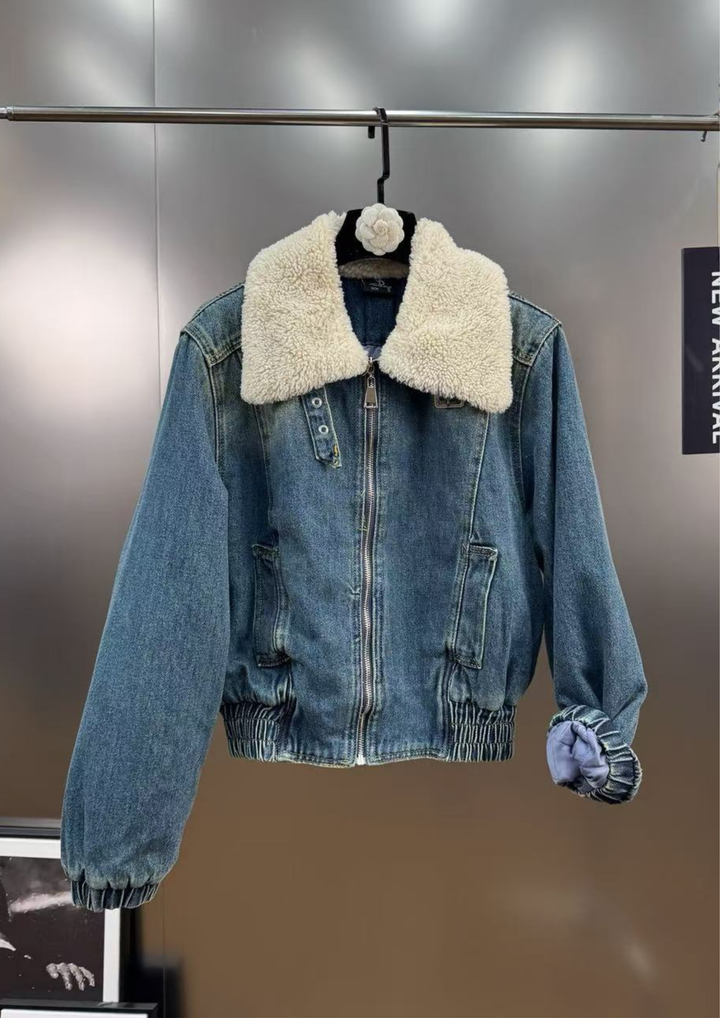 Jolie Denim Fur Collar Jacket  Fleece Lined Straight Jeans Set