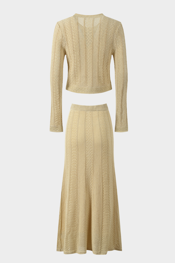 Beige Hollow Knitted Viscose Pearl Button Cardigan & Maxi Skirt Set