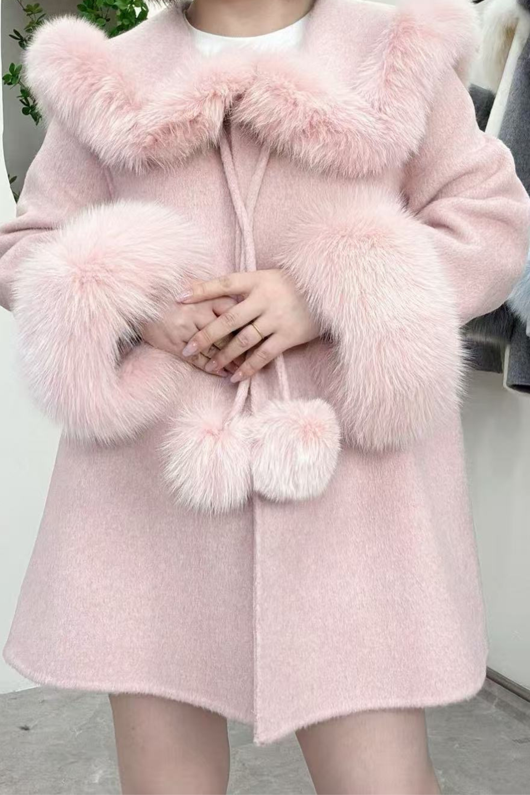 Fox Fur Trim Double Faced Wool Swing Coat