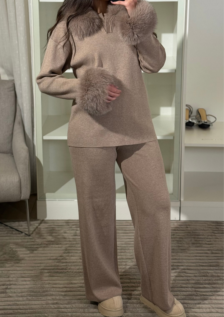 Velora Real Fox Fur Knit Lounge Set - Removable Fur Cuff & Neck