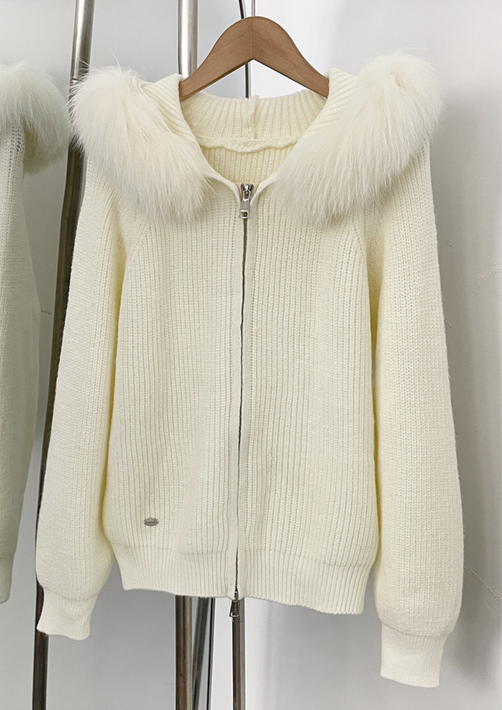 Ivory Fox Fur Trim Hooded Knit Jacket Top
