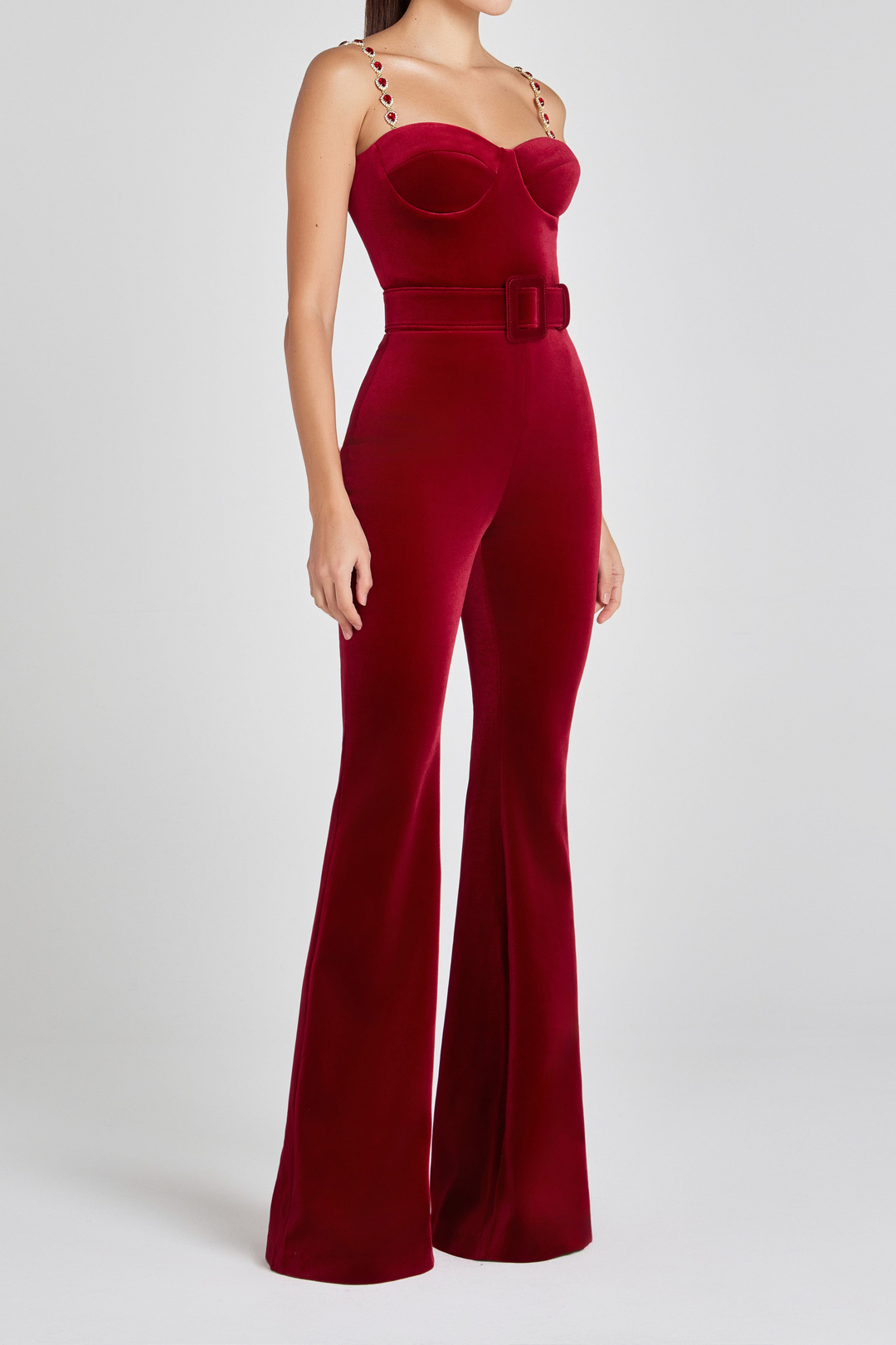 Ruby Elegance  Velvet Belted Jumpsuit
