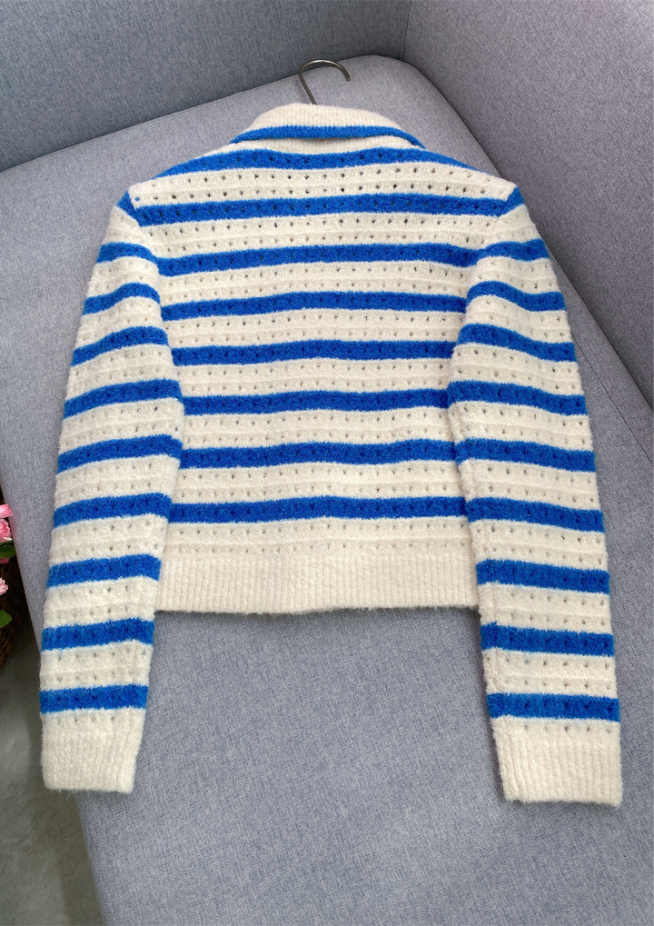 Striped Soft Wool Knit Collared Cardigan
