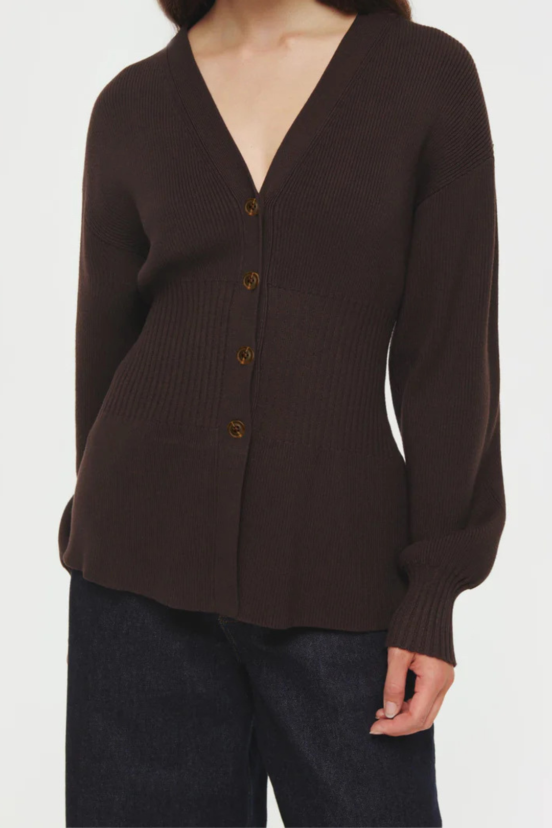 Espresso Cinch Rib V Neck Cardigan Top