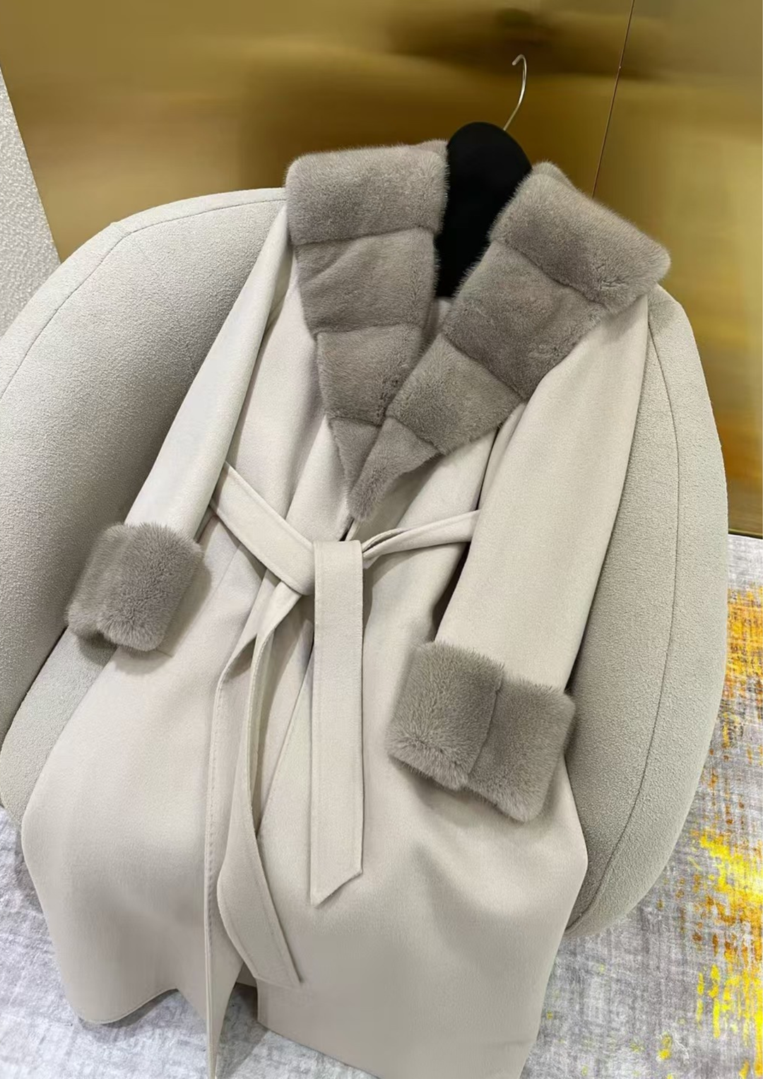 Cashmere Deep V Mink Shawl Collar Coat