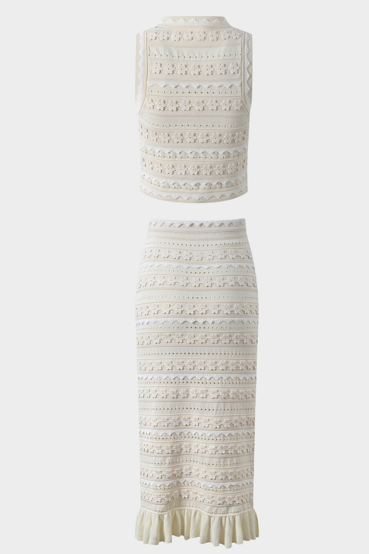 Lily – Pearl Button Floral Knit Ruffle Skirt Viscose Set In Beige
