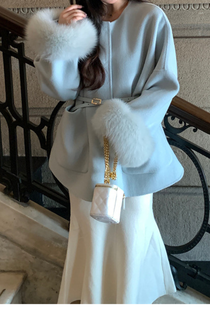 Luxe Double Faced Fox Fur Cuffs Wool Coat