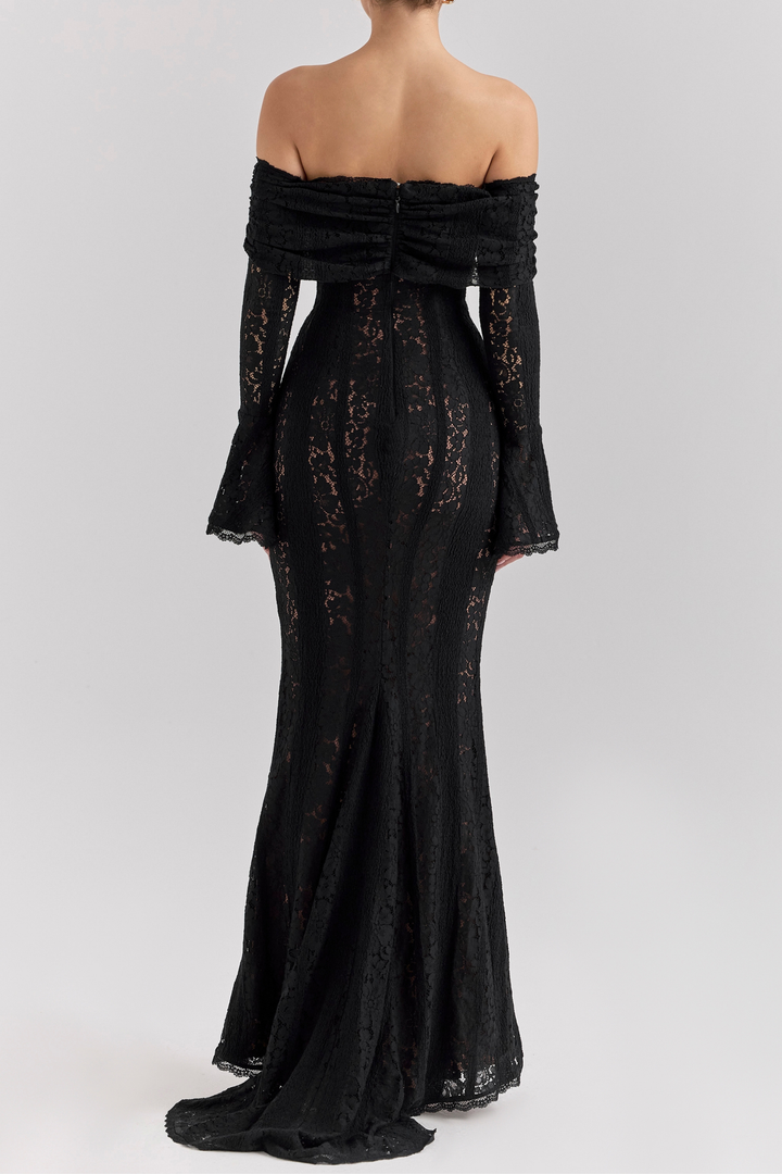 Mermaid Lace Off Shoulder Sheer Floral Maxi Dress