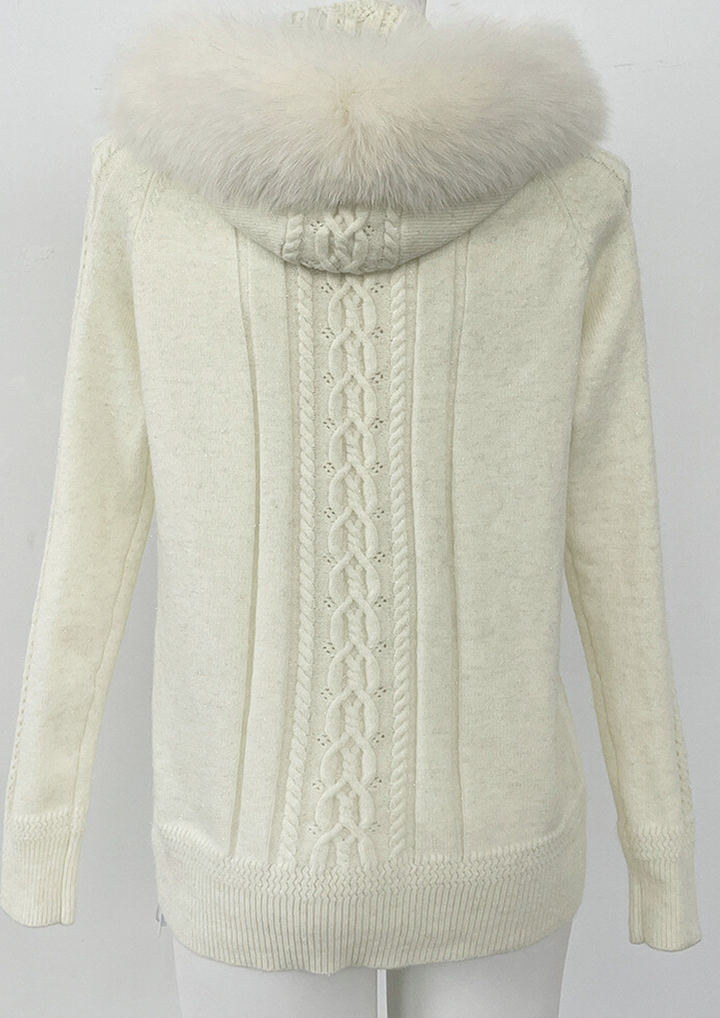 Ivory Fox Fur Collar Wool Knit Hoodie Top