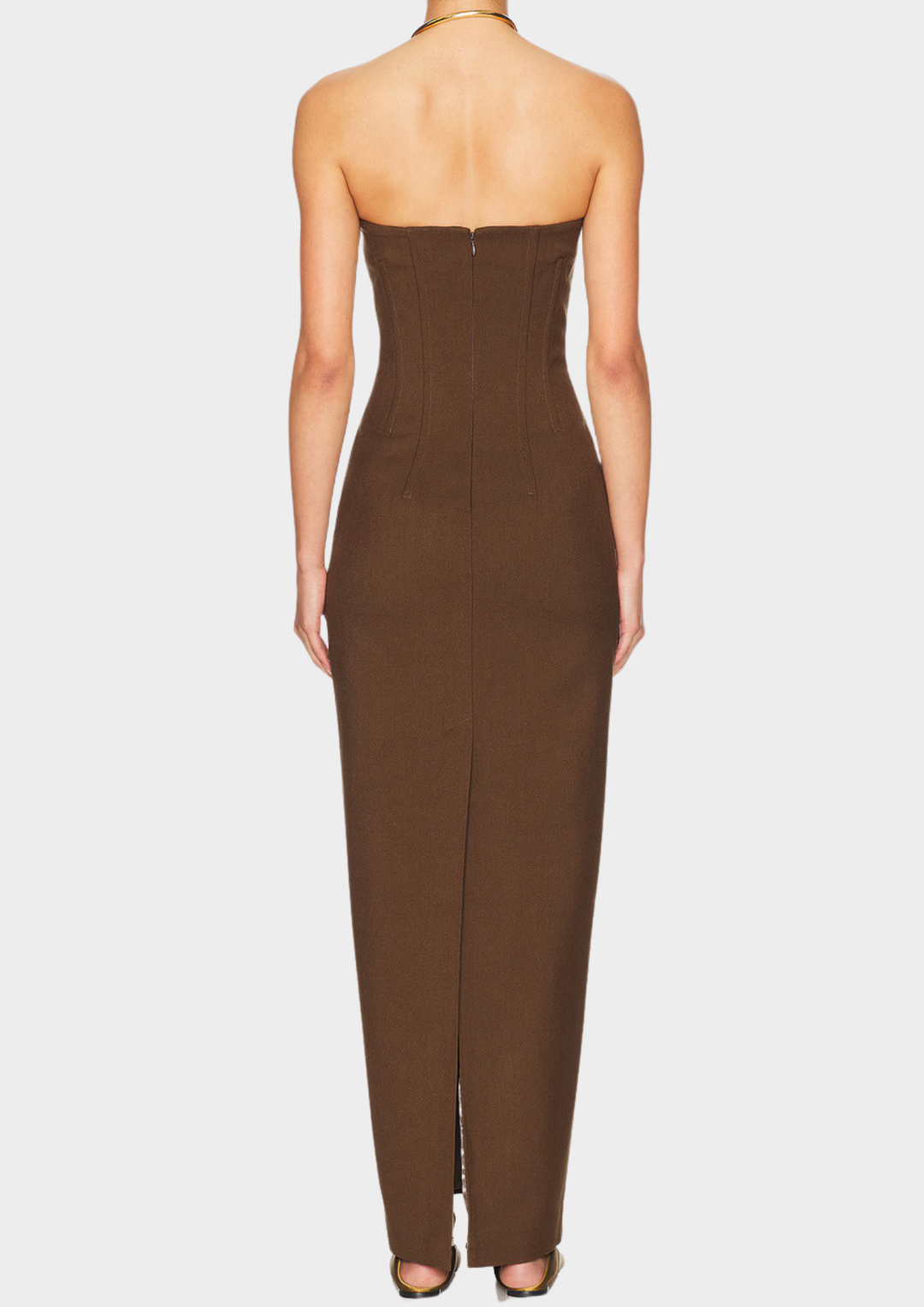 Brown Strapless Back Slit Backless Maxi Dress