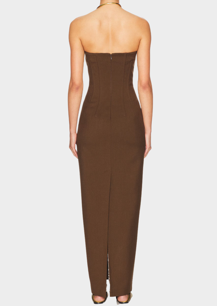 Brown Strapless Back Slit Backless Maxi Dress