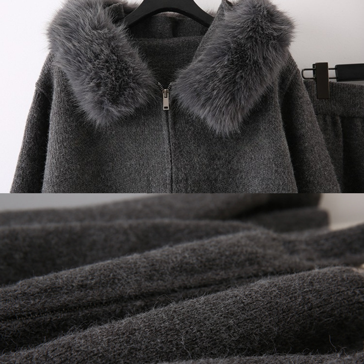 Comfy Lily Fur Trim Zip Hooded Knit Set
