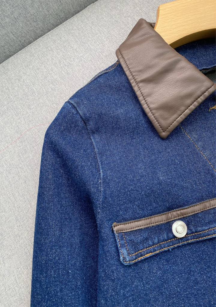 Liora – Leather Trim Lapel Denim Jacket Top