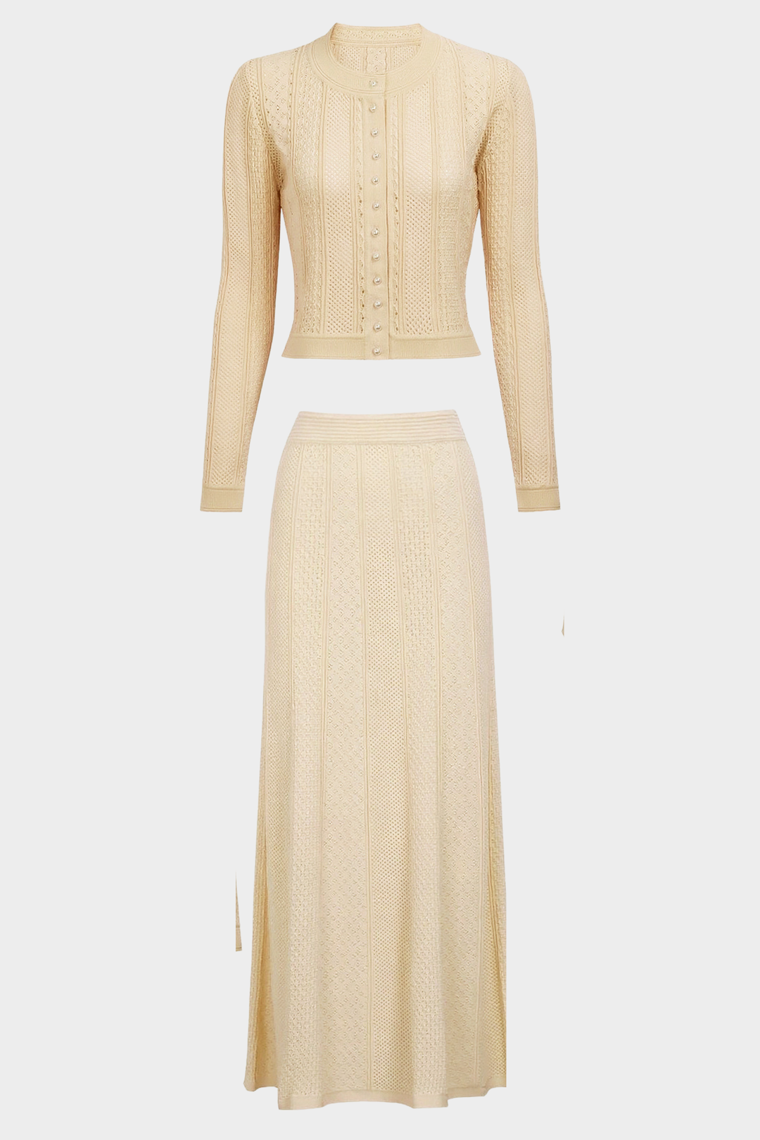 Pearl Luxe Buttoned Textured Knit Maxi Skirt Set