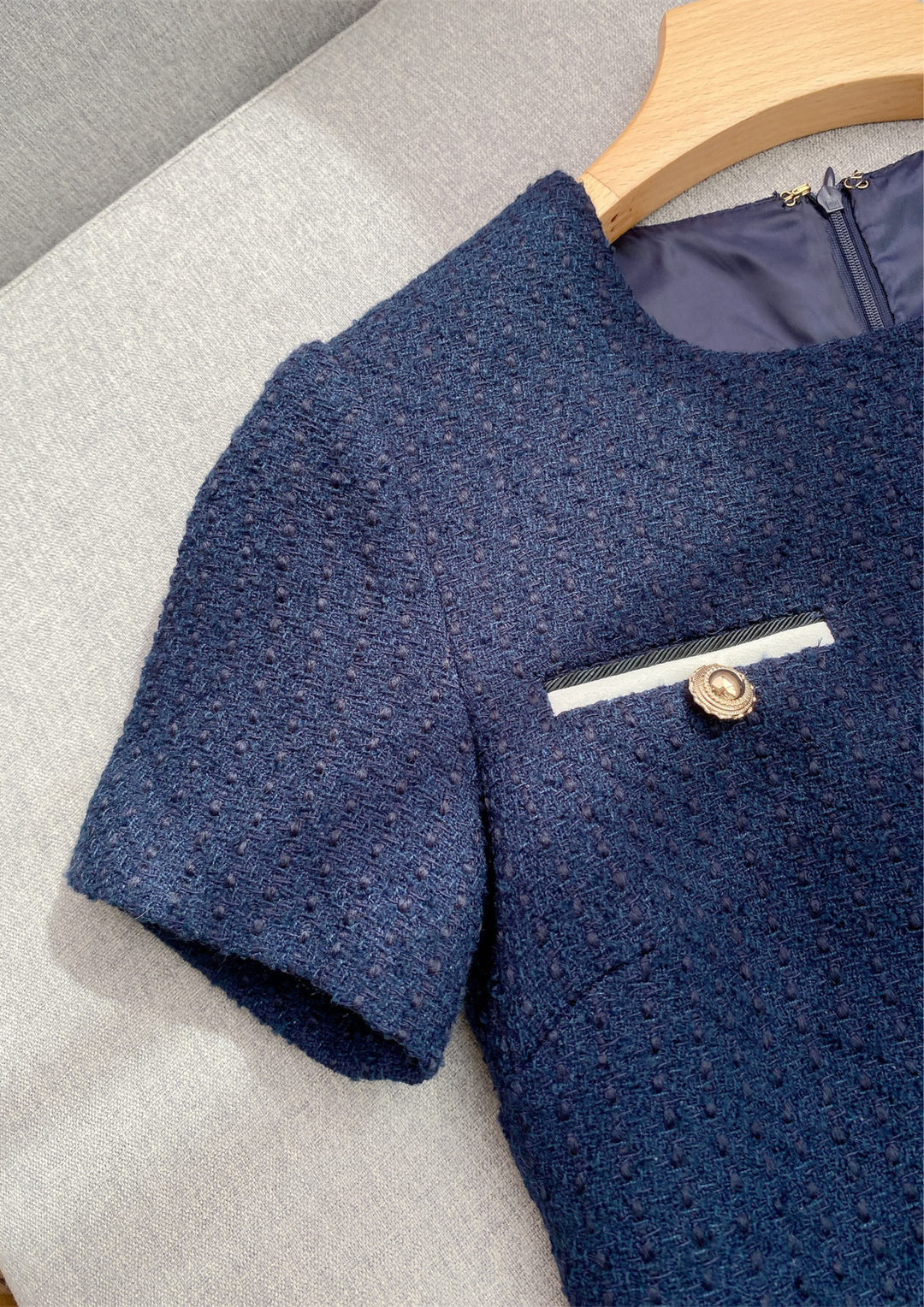 Navy Tweed Elegant Belted Mini Dress