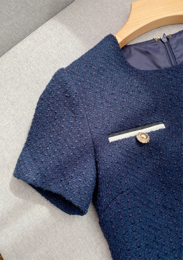 Navy Tweed Elegant Belted Mini Dress