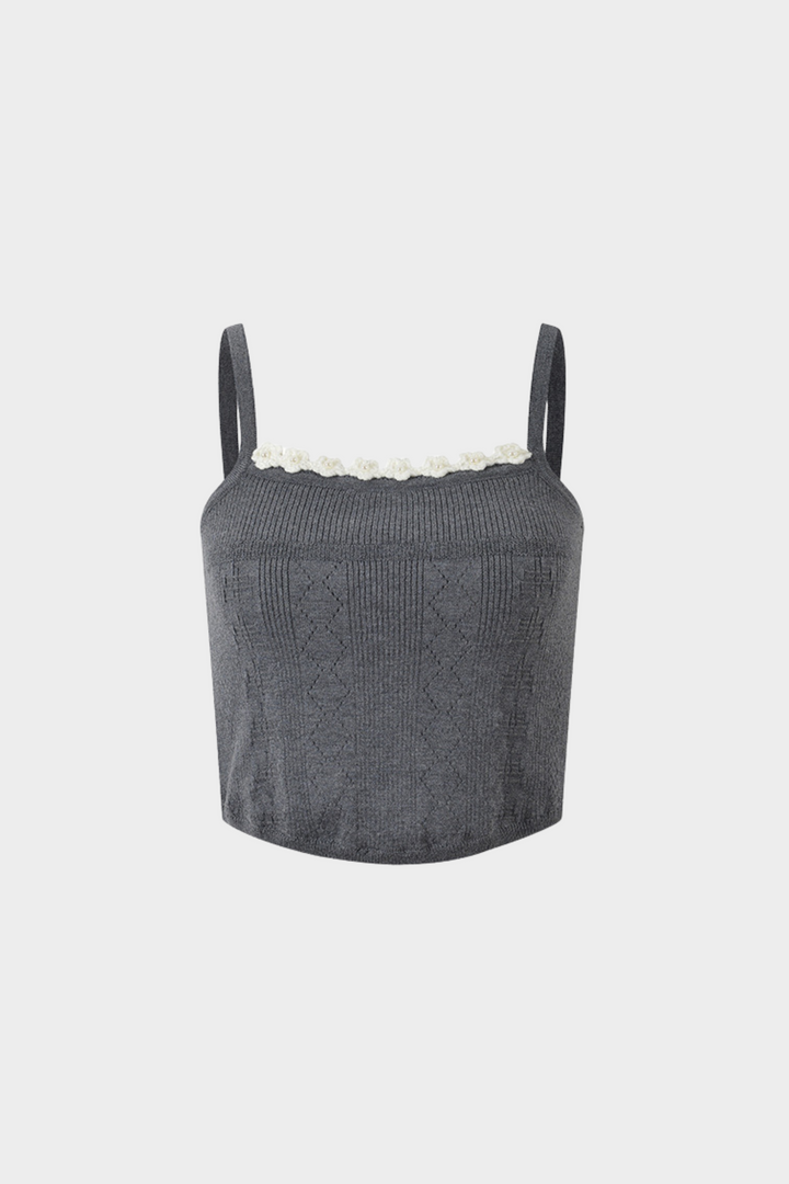Grey Pleated Mini Skirt with Pearl Flower Waistline