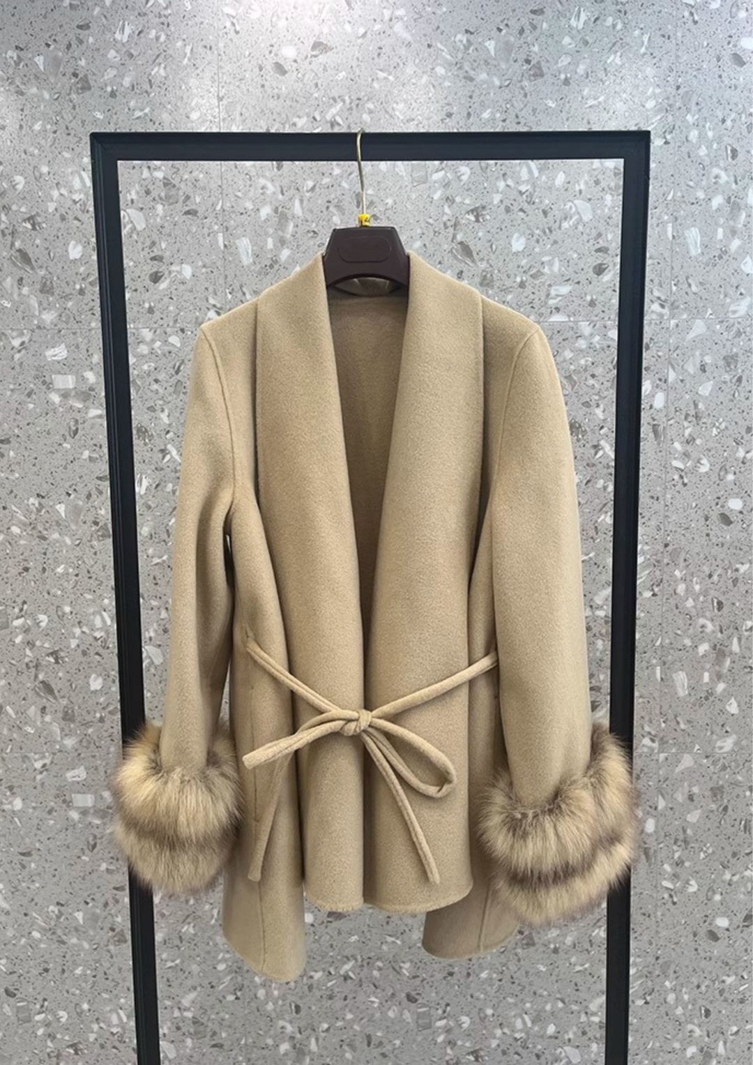 Mid-Length Real Fox Fur Cuffs Wool Coat