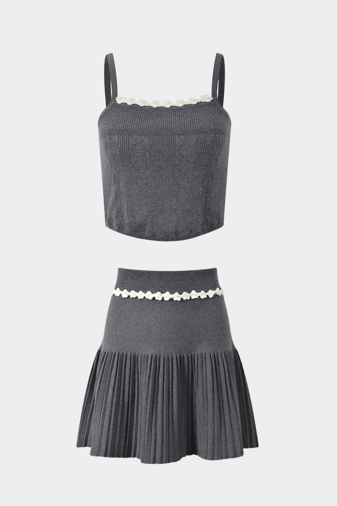 Grey Pleated Mini Skirt with Pearl Flower Waistline