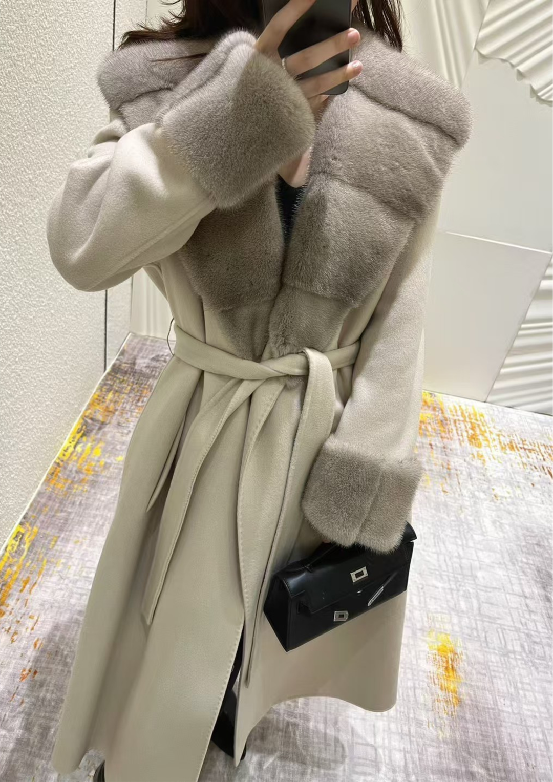 Cashmere Deep V Mink Shawl Collar Coat