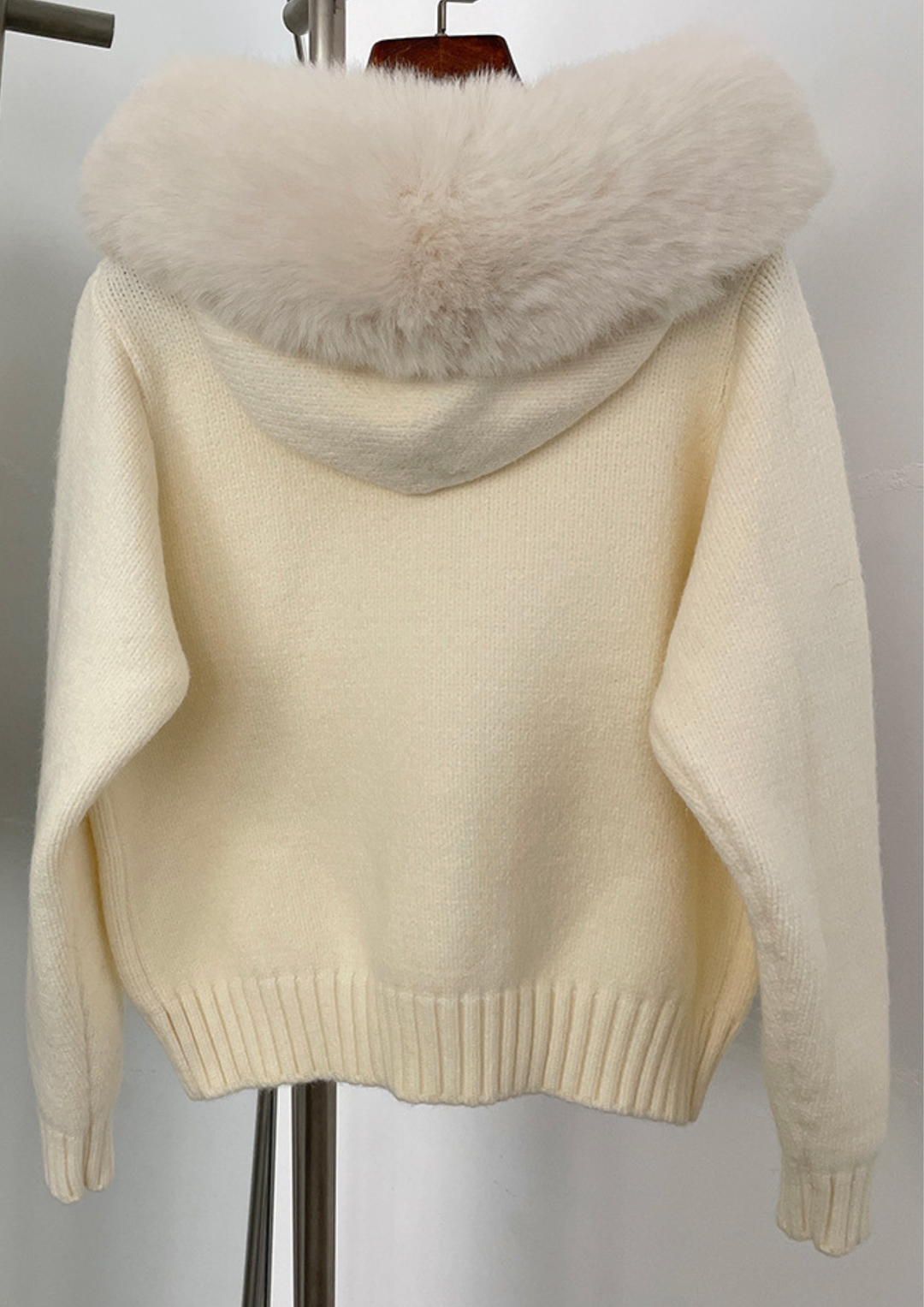 Fox Fur Collar Soft Wool Hooded Cardigan Top
