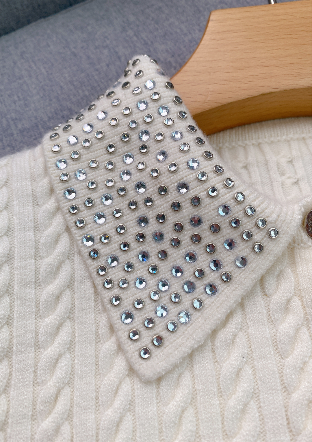 Ivory Wool Crystal Neck Knit Top