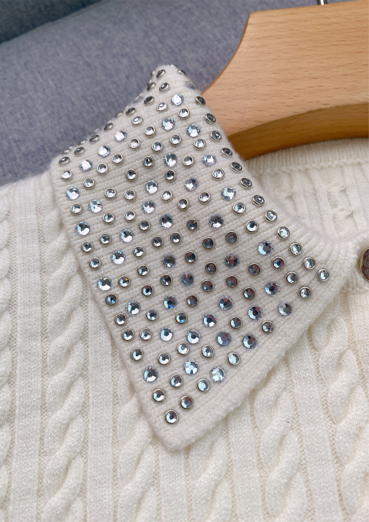 Ivory Wool Crystal Neck Knit Top