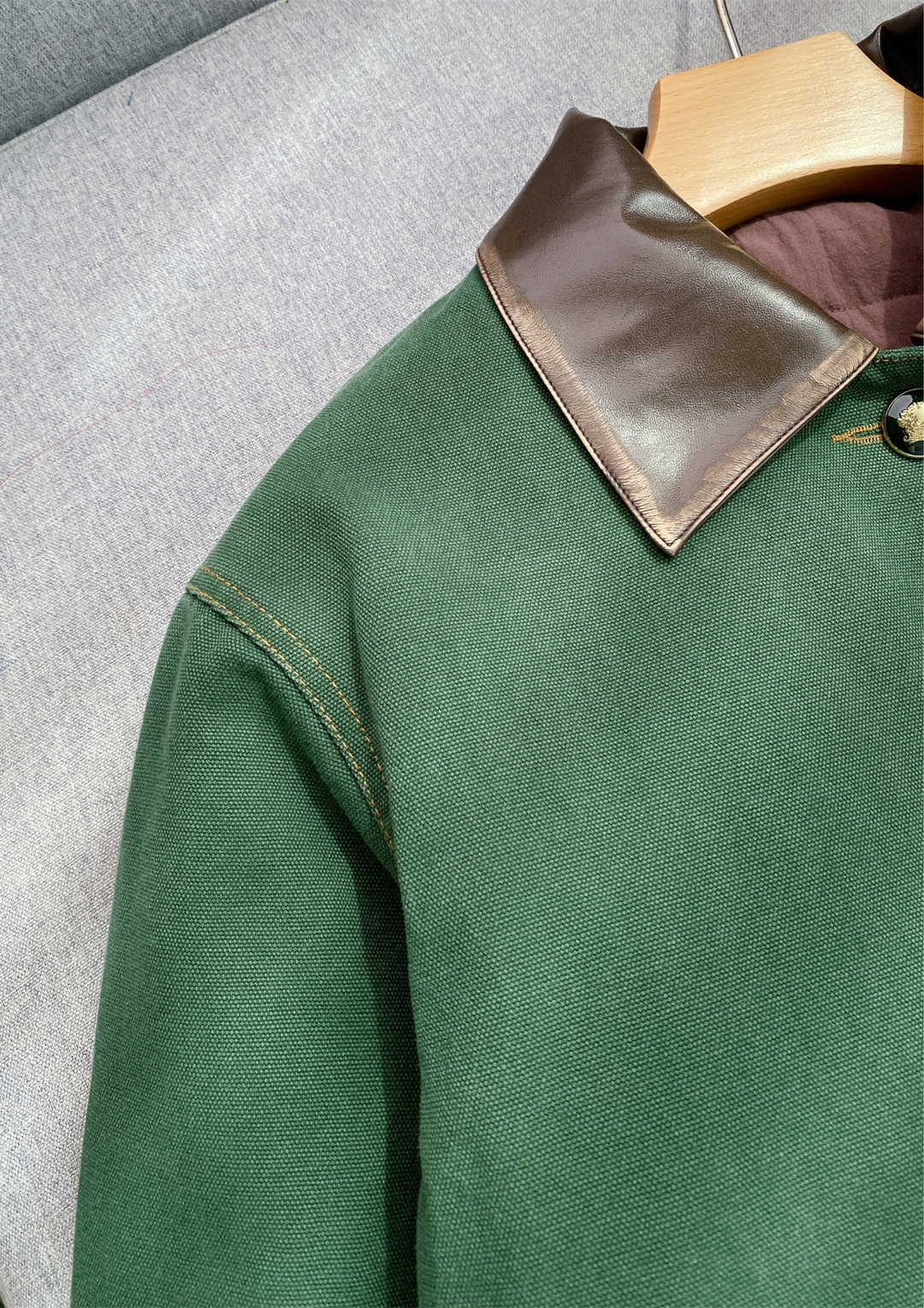 Leather Collar Casual Denim Green  Jacket